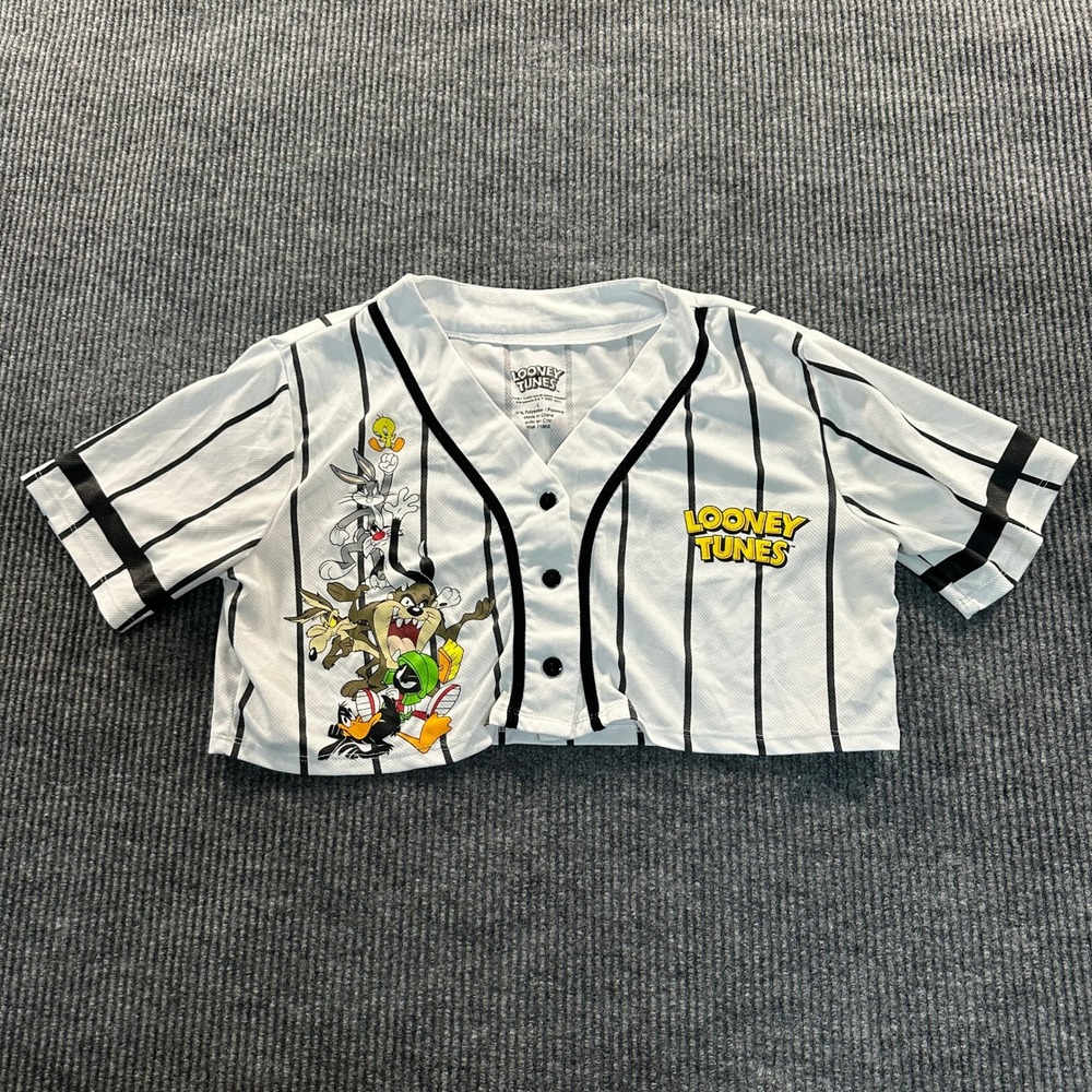 Looney Tunes Womens Cropped Baseball Jersey L White Pinstripe Character Graphic